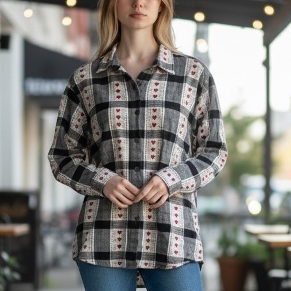 Cascade Blue Shirt Womens XL Black Plaid Heart Print Cotton Vintage Long Sleeve